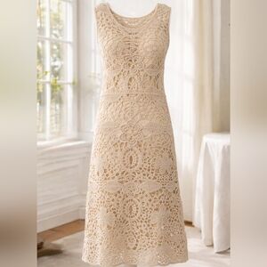 Urban Revivo Crochet Midi Dress Neutral Beige Romantic
